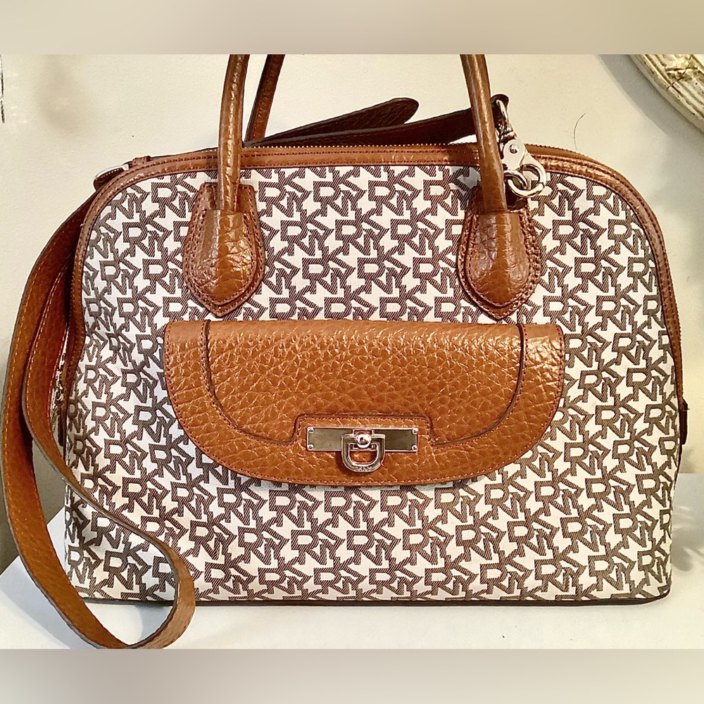 DKNY Large Tan & Brown Dome Monogram Satchel Bag w Strap